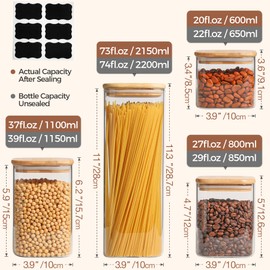 ComSaf Food Storage Containers with Airtight Lids Set of 6, Clear Glass Canister Food Jar with Sealing Lid Kitchen Pantry Storage Container for Spaghetti Pasta Sugar Flour Oat Cereal Beans, Square