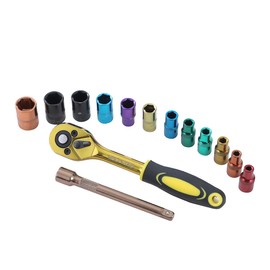 TOPWAY 1/4 Inch Socket Set 14PCs 4-13mm Metric with 24-Teeth Quick-Released Ratchet Wrench and 6" Extension Bar, Chrome Vanadium Steel, Multicolour, Auto Repairing Garage Tool