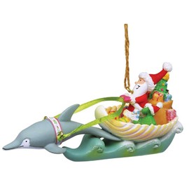 Cape Shore Coastal Santa in Sea Shell Sleigh Dolphin Reindeer Holiday Ornament