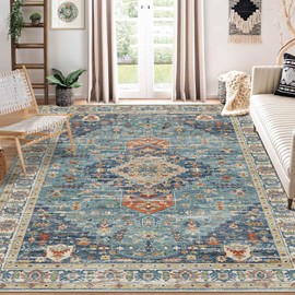 Enkor Area Soft Rugs 8x10 Washable Non Slip Boho Floor Rugs for Living Room Bedroom, Vintage Style Farmhouse Mat for Kitchen Entryway Green & Blue