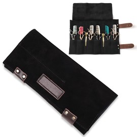 Salon Scissors Bag Roll Up, 12 Pockets Genuine Leather Stylist Grooming Scissors Holder Barber Hair Scissor Shears Cases for Hairdressers (HJ-ZP011-Black)