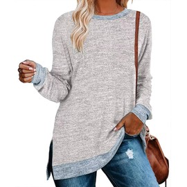 WELINCO Womens Crewneck Fall Clothes Tops Color Block Basic Long Sleeve Striped Sweatershirt Tunic Tops Grey Medium