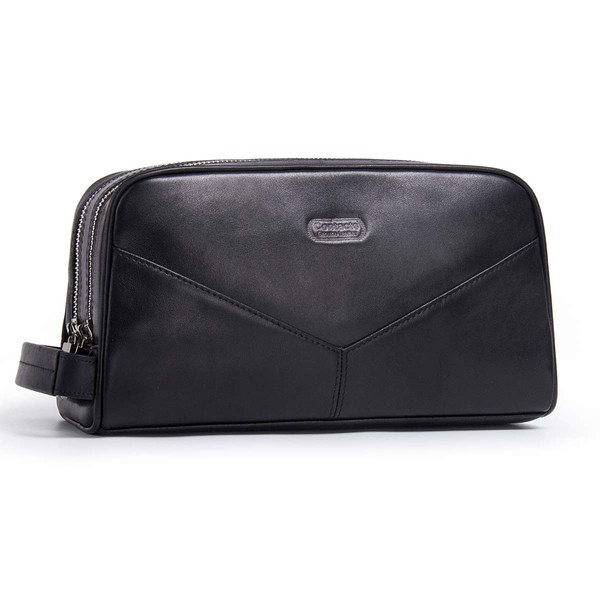 Contacts Crazy Horse Cow Leather Zipper Dopp Kit Travel Toiletry Bag (Black)