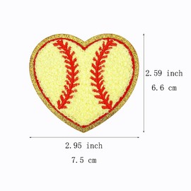 SaktopDeco 12 PCS Yellow Baseball Heart Patch Gold Edges Chenille Baseball Iron On Patches Heart Baseball Applique for DIY Decorative Cloth