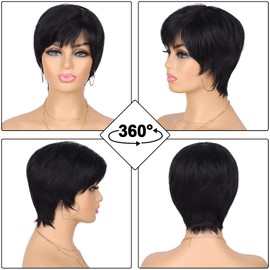 Yargel Hair Short Human Hair Wigs for Black Women Pixie Cut None Lace Front Glueless Pixie Wigs Layered Short Human Hair with Bangs for Daily Use (1B)