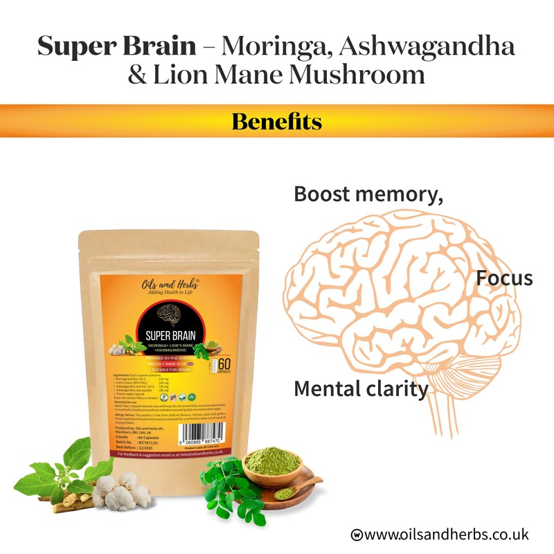 Super Brain- Moringa with Ashwagandha Lion Mane Mushroom- 100% Natural-