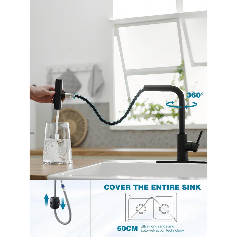 Kitchen Faucet with Pull Down Sprayer, Matte Black Waterfall Kitchen