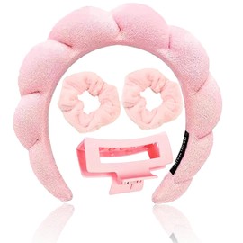 Meekest Skincare Headband for Washing Face, Spa Headband and Wristband Set for Women and Girls with Hair Clip Scrunchies, Makeup Headbands Cute Terry Cloth Sponge Stuff - Pink