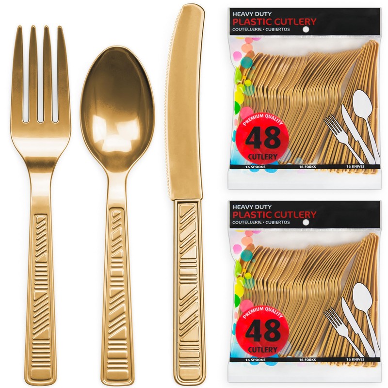DecorRack Plastic Cutlery Set, Gold Colored Plastic Silverware Sets for