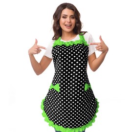 Violet Mist Lovely Retro Cute Aprons for Women with Pocket Green Polka Dot Vintage Aprons for Girls Ladies Ruffle Frilly Christmas Apron Kawaii 50s Maid Kitchen Aprons for Cooking Baking Mothers Gift