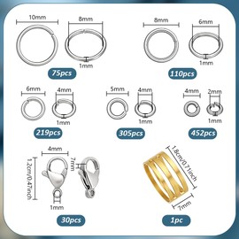 PandaHall Elite About 1160 pcs 4/5/6/8/10mm Stainless Steel Jump Rings with 30 pcs Lobster Claw Clasps for Earring Bracelet Necklace Pendants Jewellery DIY Craft Making, Stainless Steel Color