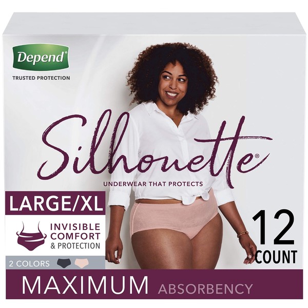 Depend Silhouette Incontinence Underwear for Women, Maximum Absorbency, Disposable, Large/Extra-Large, Pink & Black, 12 Count