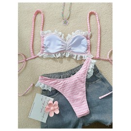 GORGLITTER - Conjunto de bikini de encaje a cuadros para mujer, con volantes y corte alto, traje de baño de 2 piezas, Rosado, Large