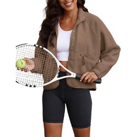 ReachMe Womens Sherpa Jacket Casual Lapel Button Down Cropped Fuzzy Fleece Jackets Long Sleeve Winter Coats with Pockets(4 Coffee,M)