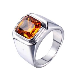 PMTIER Men's Stainless Steel Silver Plated Ring with Square Orange Gem Stone Size 7