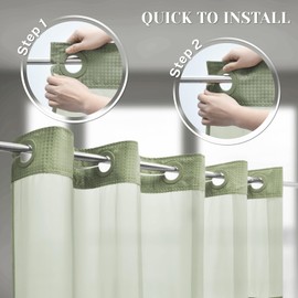SORTTO No Hook Shower Curtain with Snap in Liner Set Waffle Shower Curtain for Bathroom Hotel Style Fabric Waterproof Inner Liner，71" W x 74" H, Green