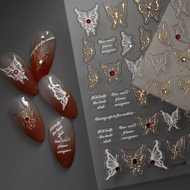 Butterfly Nail Stickers White Gold Nail Decals for Nails Art with Rhinestone Design 5D Self Adhesive Nails Stickers Charms Supply for Women Girls Manicure Decoration