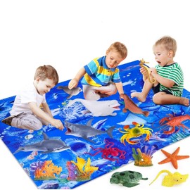 Kids Ocean Animals Toys with Large Play Mat , 18 Pack Assorted Realistic Sea Animal Toys with Carrier Bag Including Shark, Whale, Dolphin etc, for Toddler, Boys & Girls Ages 3-8