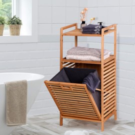 Laundry Basket Laundry Hamper with Wheels, 2 Large Laundry Sorter Bags 1 Drawer and Shelf, Bathroom Closet Organizer for Dirty Clothes (Bamboo)