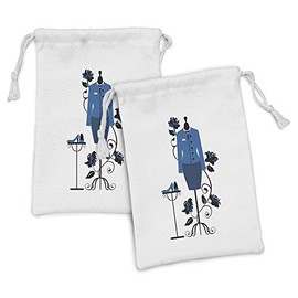 Ambesonne Heels and Dresses Fabric Pouch Set of 2, Mannequin in Tailor's Shop with Blooming Flower Retro Classical, Small Drawstring Bag for Toiletries Masks and Favors, 9" x 6", Blue Black White
