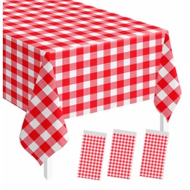 SietDESEO 3 Pack Red Gingham Tablecloth 54 x 108 Red and White Checkered Table Cloth for Party Outdoor Picnic Wedding Disposable Plastic Table Cover
