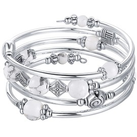 Beaded Pearl Bangle Wrap Bracelet - Fashion Bohemian Jewelry Multilayer Charm Bracelet with Thick Silver Metal Beads, Gift For Women(Howlite)