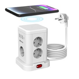Power Strip with USB, 7 Sockets Distribution Socket with 5 W Wireless Charger, 11 in 1 Socket Tower with Inductive Charging Station with Switch Power Protection, for Home and Office (White)