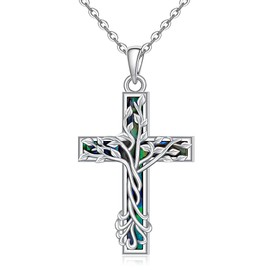 Abalone Womens Cross Tree of Life Necklace for Women Sterling Silver Cross Necklaces for Women Abalone Jewelry Christmas Gifts