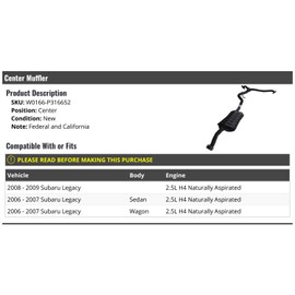 Center Muffler - Compatible with 2006-2009 Subaru Legacy 2.5L H4 Naturally Aspirated