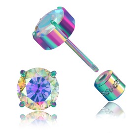 Hypoallergenic G23 Pure Titanium Earrings, 20G Implant Grade Pure Titanium Flatback 5A Cubic Zirconia Earrings Studs, Suitable for Women Men Sensitive Ears Jewelry Gift (5A Silver AB CZ, 6mm)