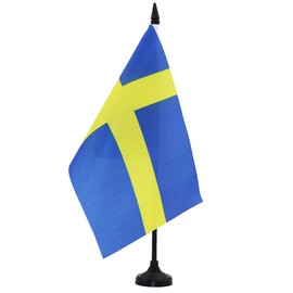 Sweden Table Flag 5'' x 8'' - Swedish Desk Flag 21 x 14 cm - Black plastic stick and base - Drapeau Suède AZ FLAG