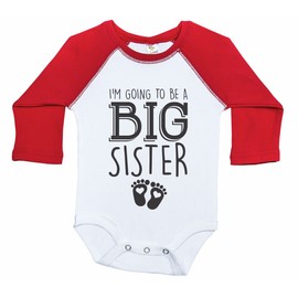 Custom Big Sister Baby Long Sleeve Raglan Onesie/I'm Going to BE A Big Sister (Custom Date) / Girls (12-18M, RED & White)