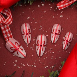 Christmas Press on Nails Medium Almond Fake Nails Xmas Bow Nails Design Full Cover False Nails with Rhinestones Christmas Acrylic Nails Press Ons New Year Nail Art Decoration for Women Girls 24Pcs