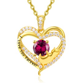 Sterling Silver Cat Necklaces for Women Gold Cat Pendant Ruby Necklace July Birthstone Cute Animal Jewellery Wedding Anniversary Birthday Gifts for Wife Mom Daughter