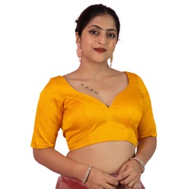FIGURE'S DESIGNER Women's Dupion Raw Silk Half Elbow Sleeves Sweetheart V Neck Sabyasachi Cut Readymade Saree Blouse Padded Stitched Lining Designer Indian Festive Blouse S10 (Yellow, 48)