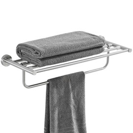 VOLPONE Bathroom Towel Rack - Stainless Steel Towel Shelf with 24-Inch Towel Bar, Wall Mounted Towel Storage Organizer (Brushed Silver)