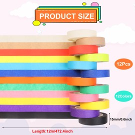 12 Rolls Coloured Painters Tape Set, 15mm x 12m Rainbow Tape Painting, Pressure Sensitive Tape Textured Paper, Decorative Craft Washi Tapes, Writable Masking Tape for Handmade DIY