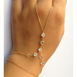 TseenYi Boho Crystal Slave Ring Bracelet Gold Rhinestone Finger Bracelet Vintage Layered Finger Ring Bracelet Layering Hand Wrist Chain Handpiece Jewelry for Women and Girls Gifts