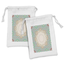 Ambesonne Moroccan Fabric Pouch Set of 2, Ottoman Mosaic Art Pattern Oriental Floral Forms Antique Scroll Ceramic Boho, Small Drawstring Bag for Toiletries Masks and Favors, 9" x 6", Multicolor