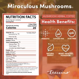 Teeccino Miraculous Mushrooms Adapt & Protect Coffee Alternative, 10 Oz – 5 Organic Adaptogenic Mushrooms with Chicory & Cacao, Caffeine Free, Prebiotic, Acid Free, All-Purpose Grind