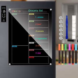 Bysameyee Fridge Calendar Meal Planning Board, Dry Erase Acrylic Magnetic Monthly Weekly Calendar Planner for refrigerator with 6 Colors Markers (Black-Weekly(15.7x11.8"))