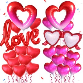24Pcs Valentines Day Heart Balloons Large Red Pink Heart Love Glasses Foil Mylar Balloons Gifts for Her Wedding Propose Marriage Anniversary Birthday Party Decorations