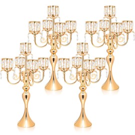 5 Arm Elegant Crystal Candle Holder,Candlestick for Wedding Table Centerpiece, 22 Inch Tall Candle Holder Table Candelabra Event Party Table Centerpiece,Home Decoration. (4, Gold, Square Crystal)
