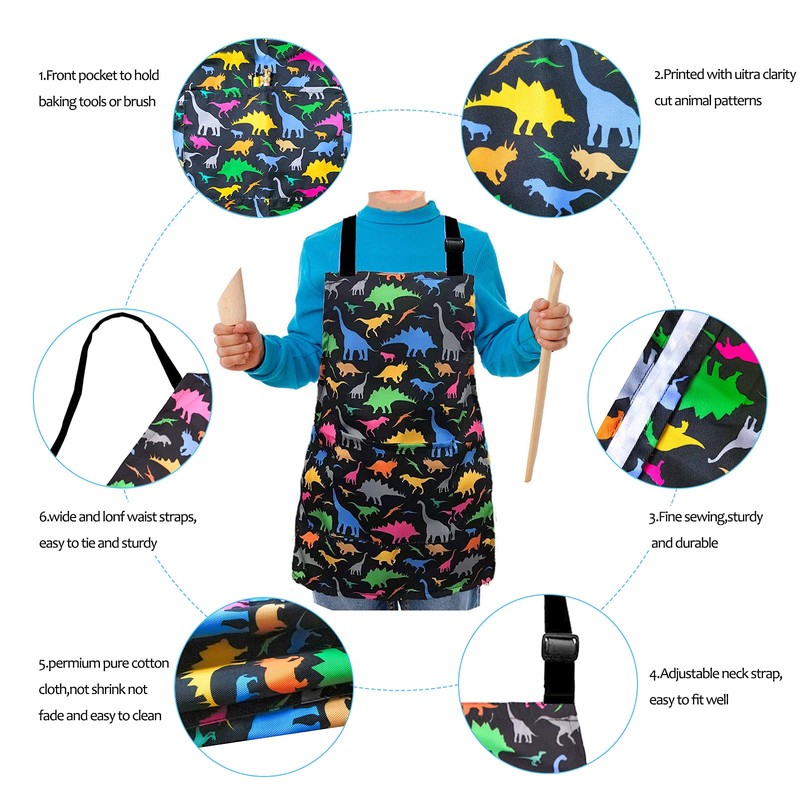 XonyiCos Kids Boys Dinosaur Apron with Pockets, Girls Aprons for