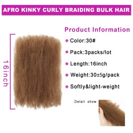 Afro Kinky Curly Braiding Hair for Dreadlock Extensions Repair Locs 3 Packs Synthetic Afro Kinkys Bulk Hair Bundles Micro Spring Afro Twist Hair Bulk for Mini Twist Hair (30#, 16 Inch)