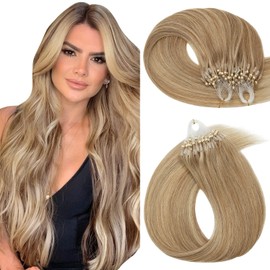Hairro Microlinks Hair Extensions Human Hair Micro Loop Pre Bonded Cold Fusion Keratin Stick Micro Bead Hair Extension For Women 20 inch 50g 100 Strands #12P613 Golden Brown Mix Bleach Blonde