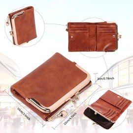 Women Leather Purses, Compact Wallet Purse with Zipper Kiss Lock, Bifold Ladies Wallet with Multiple Card Slots, Brown