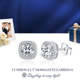 LAVUMO Moissanite Earrings Silver 925.1-2 Carat Moissanite Stud Earrings Square Earrings Women's VVS1 Hypoallergenic Jewellery Women's Gifts for Women Anniversary Valentine's Day Christmas Mother's