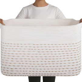OIAHOMY 108L Extra Large Blanket Basket, 25”x16”x16” Rectangle Woven Cotton Rope Baskets for for Living Room, Toy Storage with Handle- Light Yellow & White