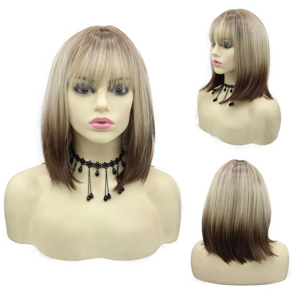 FRLWIGS Synthetic Wigs with Bangs Gradient Brown Straight Bob Without